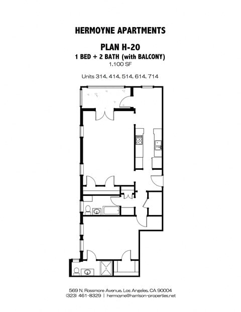 Floor plan for 1 bed, 2 baths, 1100 sqft