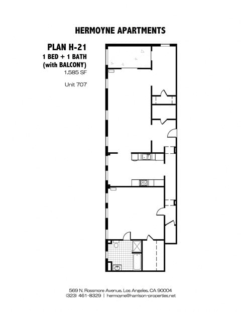 Floor plan for 1 bed, 1 bath, 1585 sqft