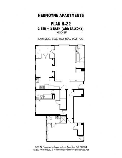 Floor plan for 2 beds, 3 baths, 1600 sqft