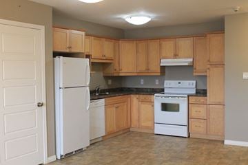 Brandon apartment for rent - a kitchen with white appliances and wooden cabinets
