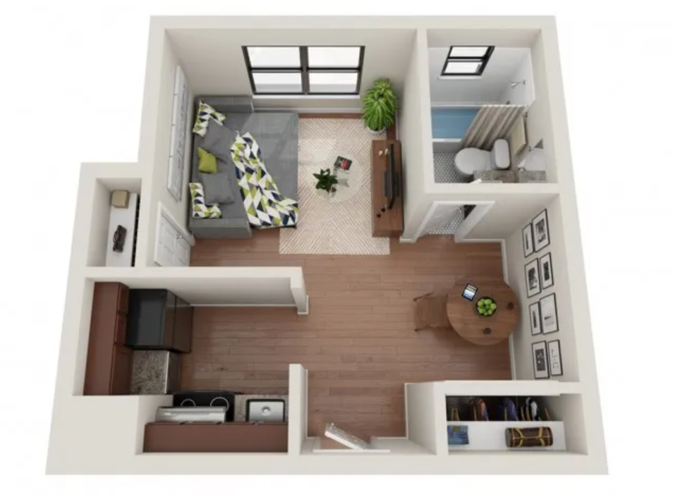 Floor plan for studio, 1 bath, 400 sqft