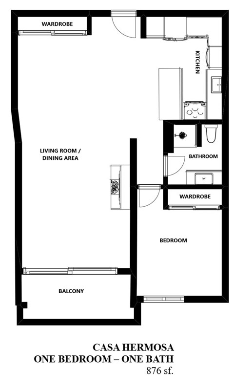 Floor plan for 1 bed, 1 bath, 876 sqft