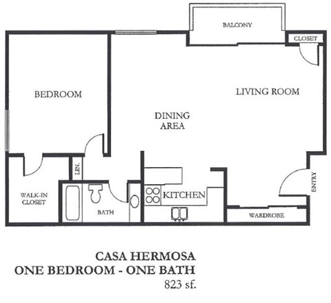 Floor plan for 1 bed, 1 bath, 823 sqft