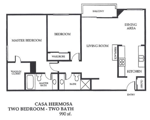 Floor plan for 2 beds, 2 baths, 1324 sqft