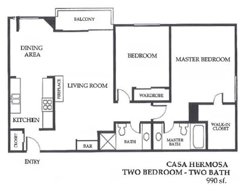 Floor plan for 2 beds, 2 baths, 990 sqft