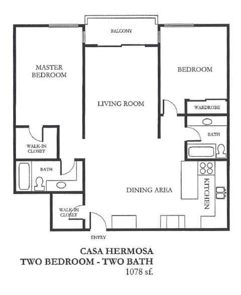 Floor plan for 2 beds, 2 baths, 1078 sqft