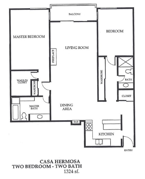 Floor plan for 2 beds, 2 baths, 1324 sqft