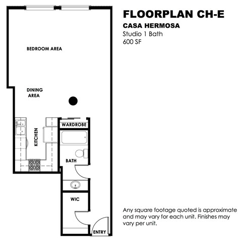 Floor plan for 1 bed, 1 bath, 600 sqft