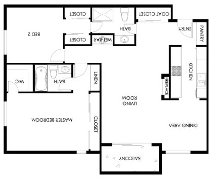 Floor plan for 2 beds, 2 baths, 1100 sqft