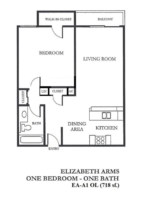 Floor plan for 1 bed, 1 bath, 718 sqft