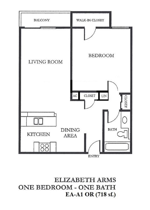 Floor plan for 1 bed, 1 bath, 718 sqft