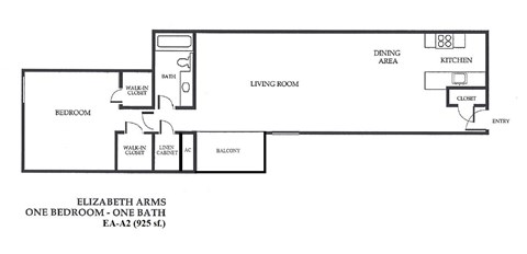 Floor plan for 1 bed, 1 bath, 925 sqft