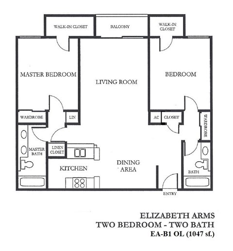 Floor plan for 2 beds, 2 baths, 1047 sqft