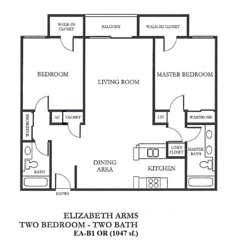 Floor plan for 2 beds, 2 baths, 1047 sqft