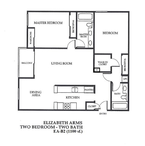 Floor plan for 2 beds, 2 baths, 1100 sqft