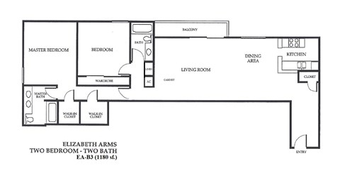 Floor plan for 2 beds, 2 baths, 1180 sqft
