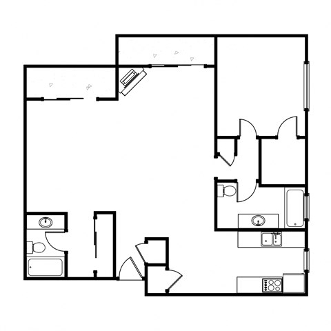 Floor plan for 1 bed, 2 baths, 1005 sqft