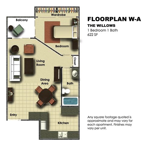 Floor plan for 1 bed, 1 bath, 622 sqft
