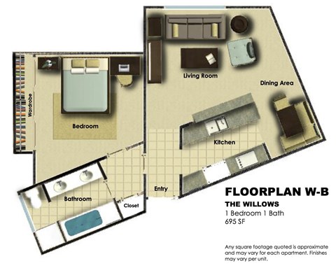 Floor plan for 1 bed, 1 bath, 774 sqft