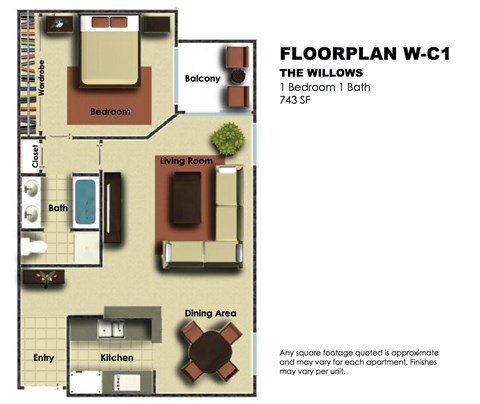 Floor plan for 1 bed, 1 bath, 743 sqft