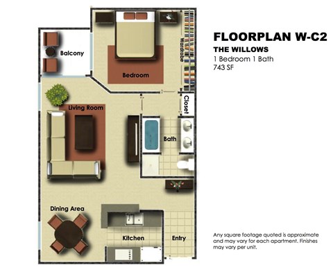 Floor plan for 1 bed, 1 bath, 743 sqft