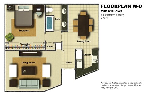 Floor plan for 1 bed, 1 bath, 774 sqft