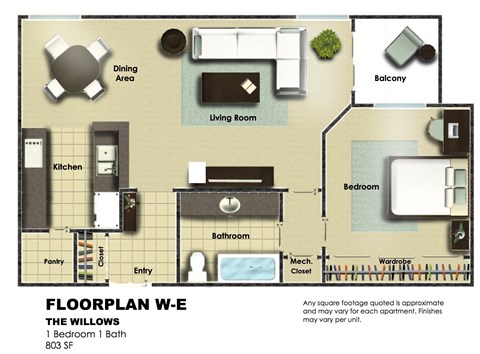 Floor plan for 1 bed, 1 bath, 803 sqft