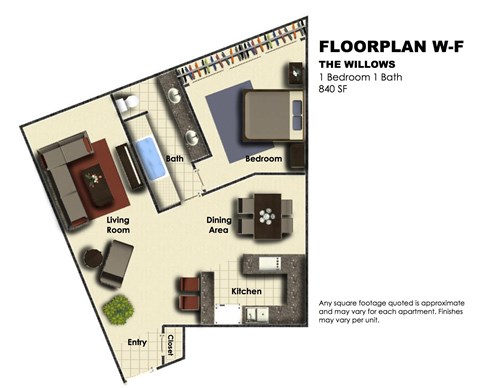 Floor plan for 1 bed, 1 bath, 840 sqft