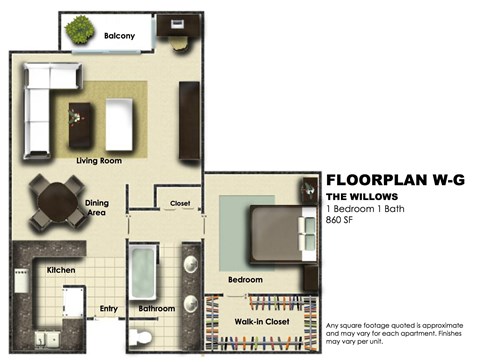 Floor plan for 1 bed, 1 bath, 860 sqft