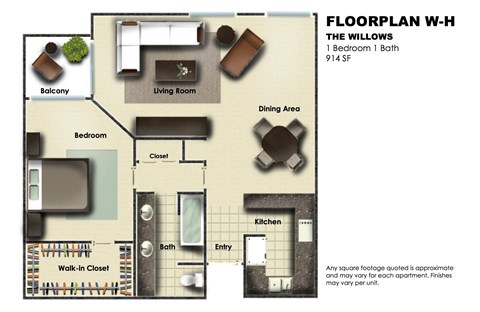 Floor plan for 1 bed, 1 bath, 914 sqft