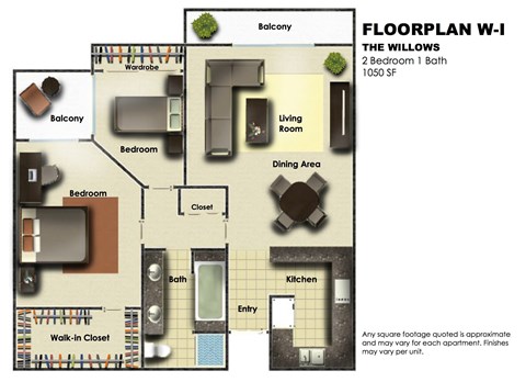 Floor plan for 2 beds, 1 bath, 1050 sqft