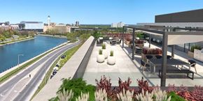 Ottawa apartment for rent - a rendering of a rooftop terrace with a river and cityscape in the background