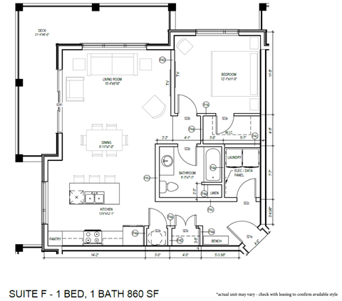 Floor plan for 1 bed, 1 bath, 735 sqft