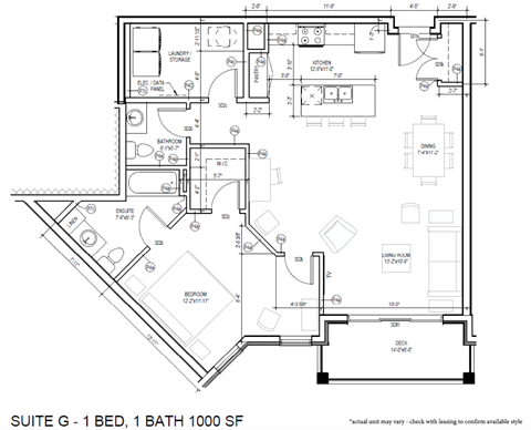 Floor plan for 1 bed, 2 baths, 1000 sqft