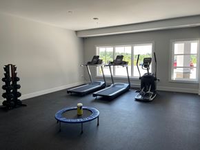 Plymouth apartment for rent - A gym room with treadmills, weights, and a blue exercise ring.