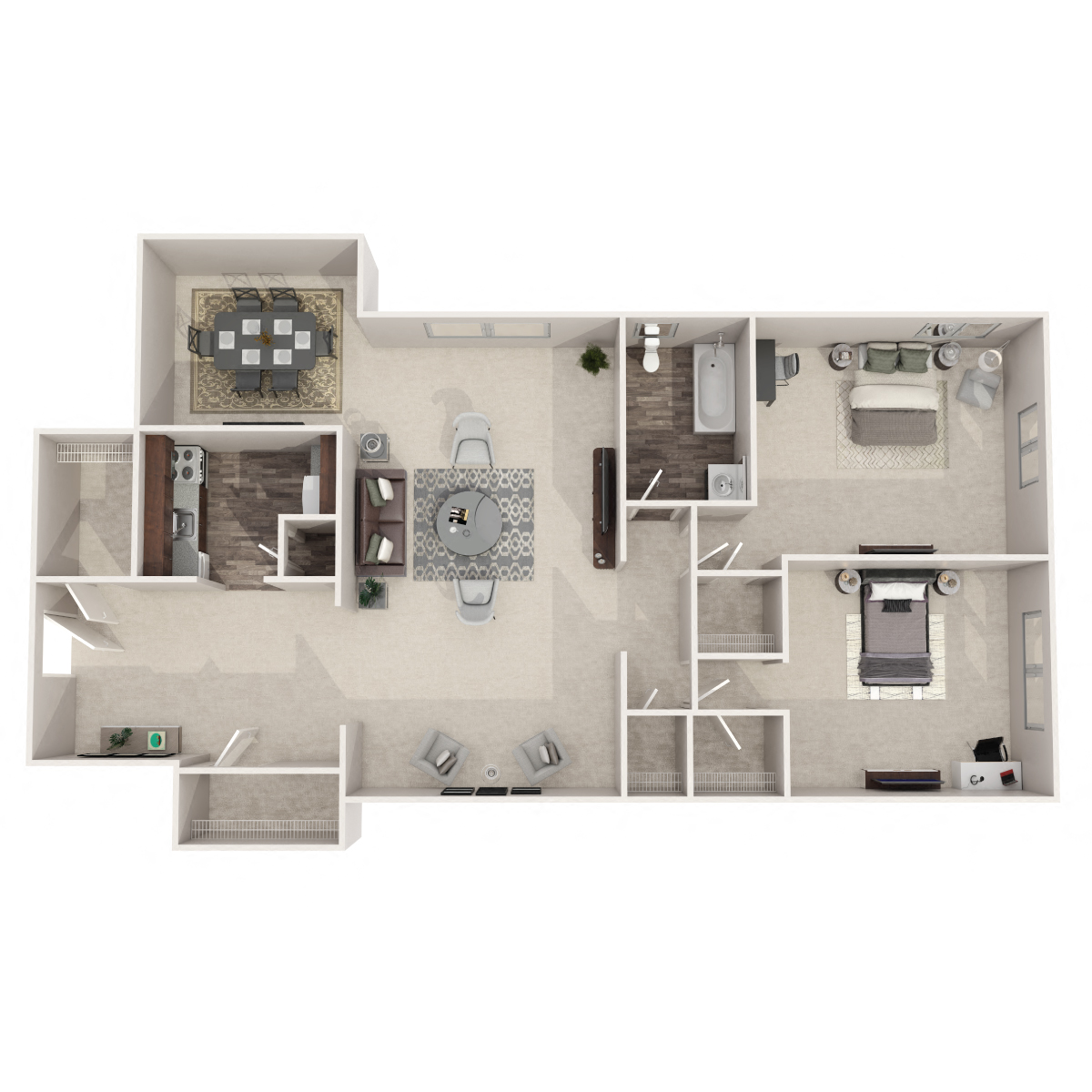 Floor plan for 2 beds, 1 bath, 940 sqft