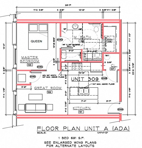 Floor plan for 1 bed, 1 bath, 878 sqft