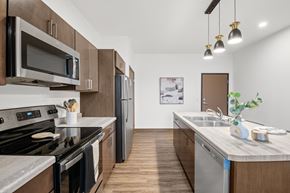 Neenah apartment for rent - A modern kitchen with dark wood cabinets and stainless steel appliances.