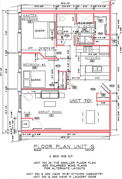Floor plan for 2 beds, 1 bath, 988 sqft