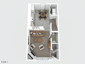 Jacksonville house for rent - A top down view of a living room with a couch, coffee table, and stairs.