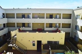 Valley Village apartment for rent - an overhead view of an apartment building with a pool