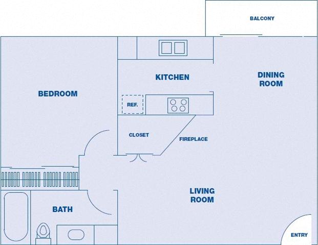 Floor plan for 1 bed, 1 bath, 775 sqft