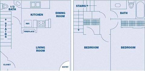 Floor plan for 2 beds, 1.5 baths, 880 sqft