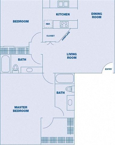 Floor plan for 2 beds, 2 baths, 1040 sqft
