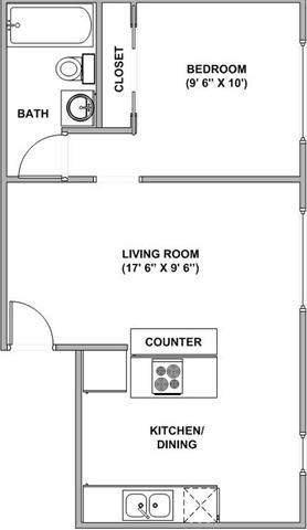 Floor plan for 1 bed, 1 bath, 522 sqft