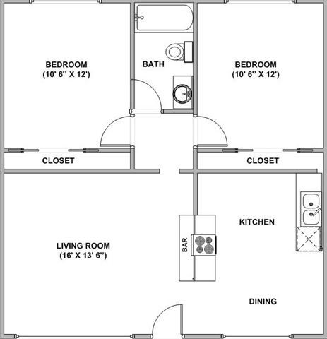Floor plan for 2 beds, 1 bath, 900 sqft