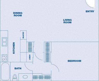 Floor plan for 1 bed, 1 bath, 832 sqft
