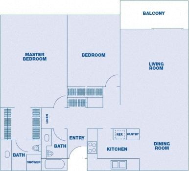 Floor plan for 2 beds, 2 baths, 1100 sqft