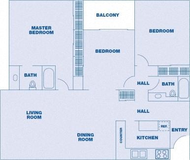 Floor plan for 3 beds, 2 baths, 1326 sqft