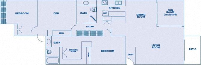 Floor plan for 3 beds, 2 baths, 1951 sqft